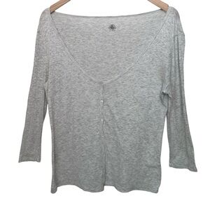 PETITE BATEAU Button Front 3/4 Sleeve Tee V-Neck Top 100% Cotton Light Gray 18Y